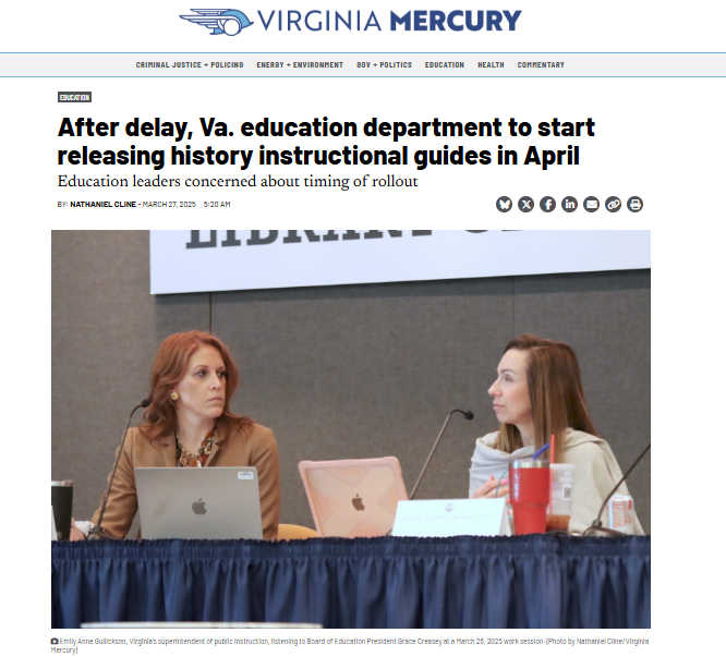After delay, Va. education department to start releasing history instructional guides in April
Education leaders concerned about timing of rollout - Learn More From <a href="/nathanielcline/">Nathaniel Cline</a> <a href="/MercuryVirginia/">The Virginia Mercury</a>
loom.ly/S2zRCFQ