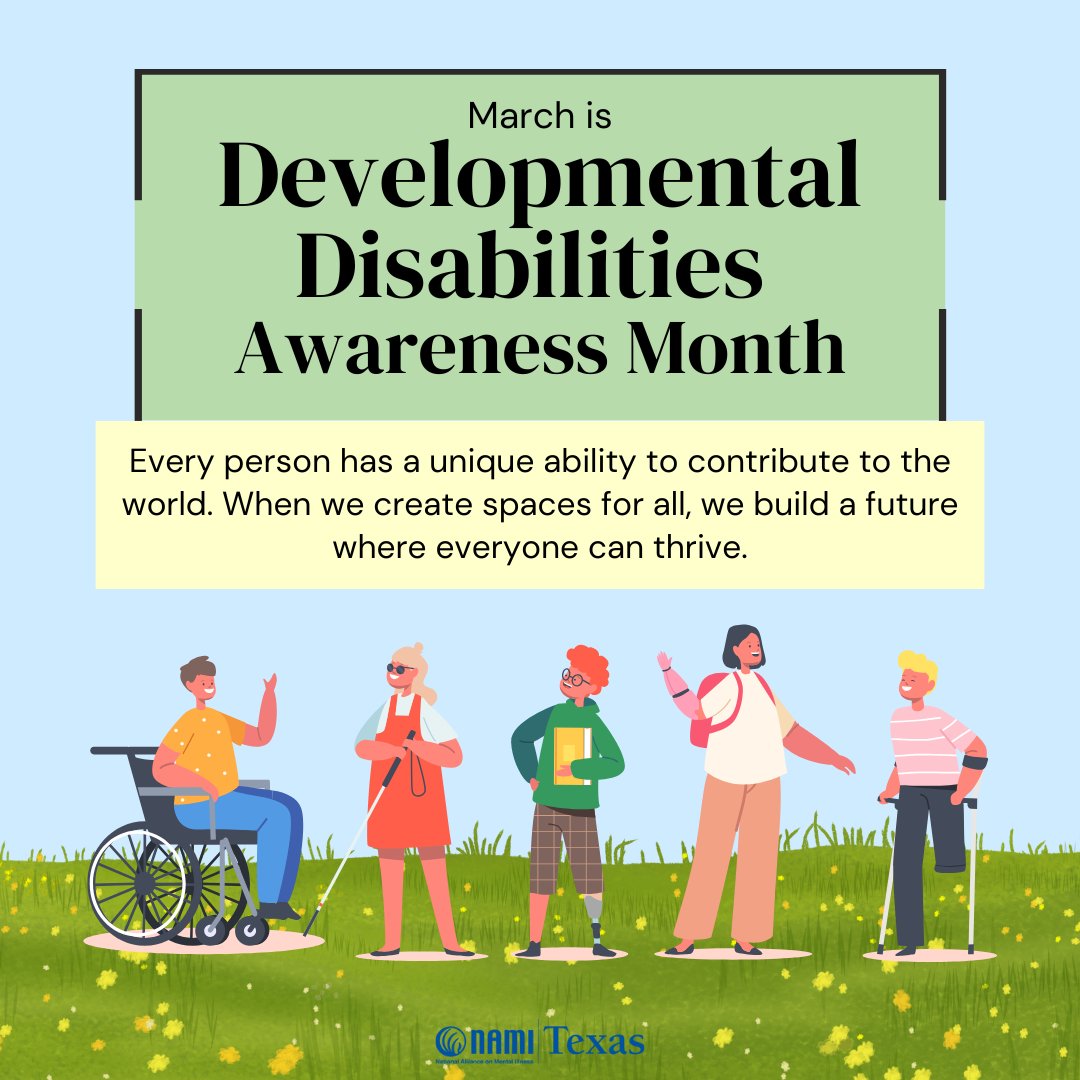 NAMITexas's tweet image. This #DevelopmentalDisabilitiesAwarenessMonth, let&apos;s lift each other up, support one another, and create a world where everyone has the opportunity to shine. 💙

Together, we can break down barriers and build a future of inclusion. 🌍✨

 #CelebrateStrength #UnityInDiversity