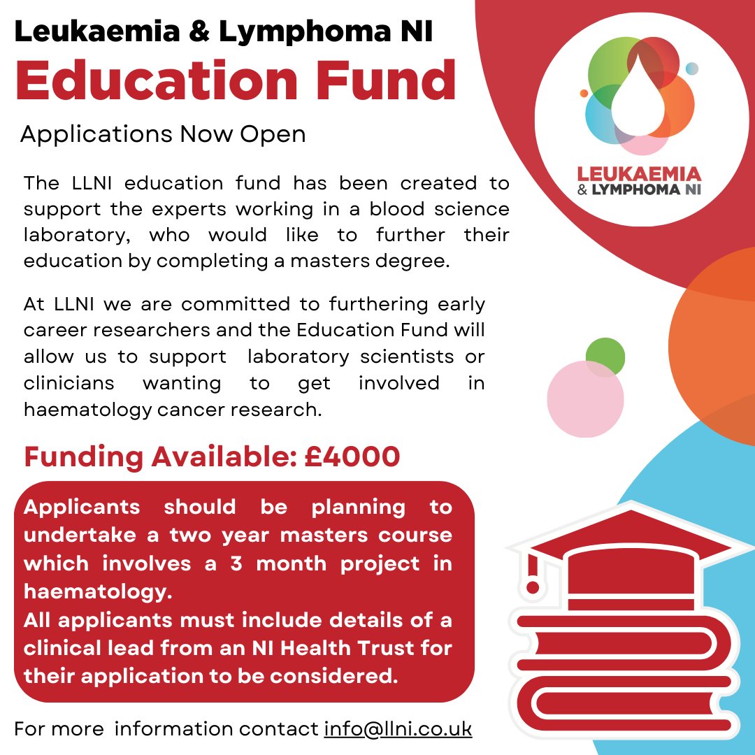 The LLNI Education Fund is now open for applications.

The fund has been created to support scientists and clinicians working in NI health trusts who would be interested in furthering their education by completing a masters degree.

llni.co.uk/our-research/l…
