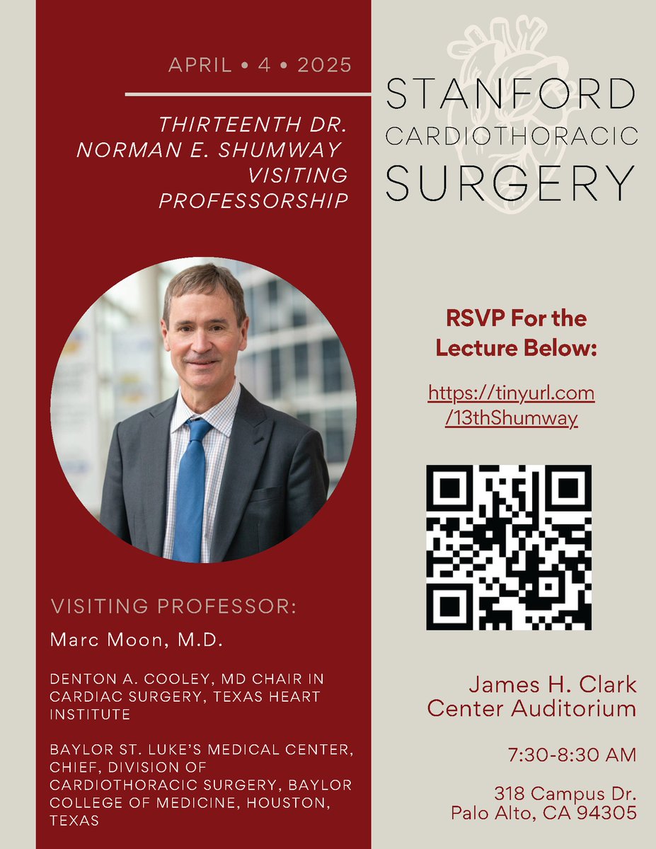 Stanford Cardiothoracic Surgery (@stanfordctsurg) on Twitter photo Excited to host Dr. <a href="/MarcMoonMD/">Marc Moon</a>, Chair of Cardiac Surgery, <a href="/Texas_Heart/">The Texas Heart Institute</a> & Baylor St. Luke’s Medical Center, & Division Chief Cardiothoracic Surgery, <a href="/BCM_Surgery/">BCM_Surgery</a>, who will join us as this year’s Dr. Shumway Visiting Professor on April 4 at <a href="/StanfordMed/">Stanford Medicine</a>!✨ow.ly/X2Pl50VnAAb Excited to host Dr. <a href="/MarcMoonMD/">Marc Moon</a>, Chair of Cardiac Surgery, <a href="/Texas_Heart/">The Texas Heart Institute</a> & Baylor St. Luke’s Medical Center, & Division Chief Cardiothoracic Surgery, <a href="/BCM_Surgery/">BCM_Surgery</a>, who will join us as this year’s Dr. Shumway Visiting Professor on April 4 at <a href="/StanfordMed/">Stanford Medicine</a>!✨ow.ly/X2Pl50VnAAb