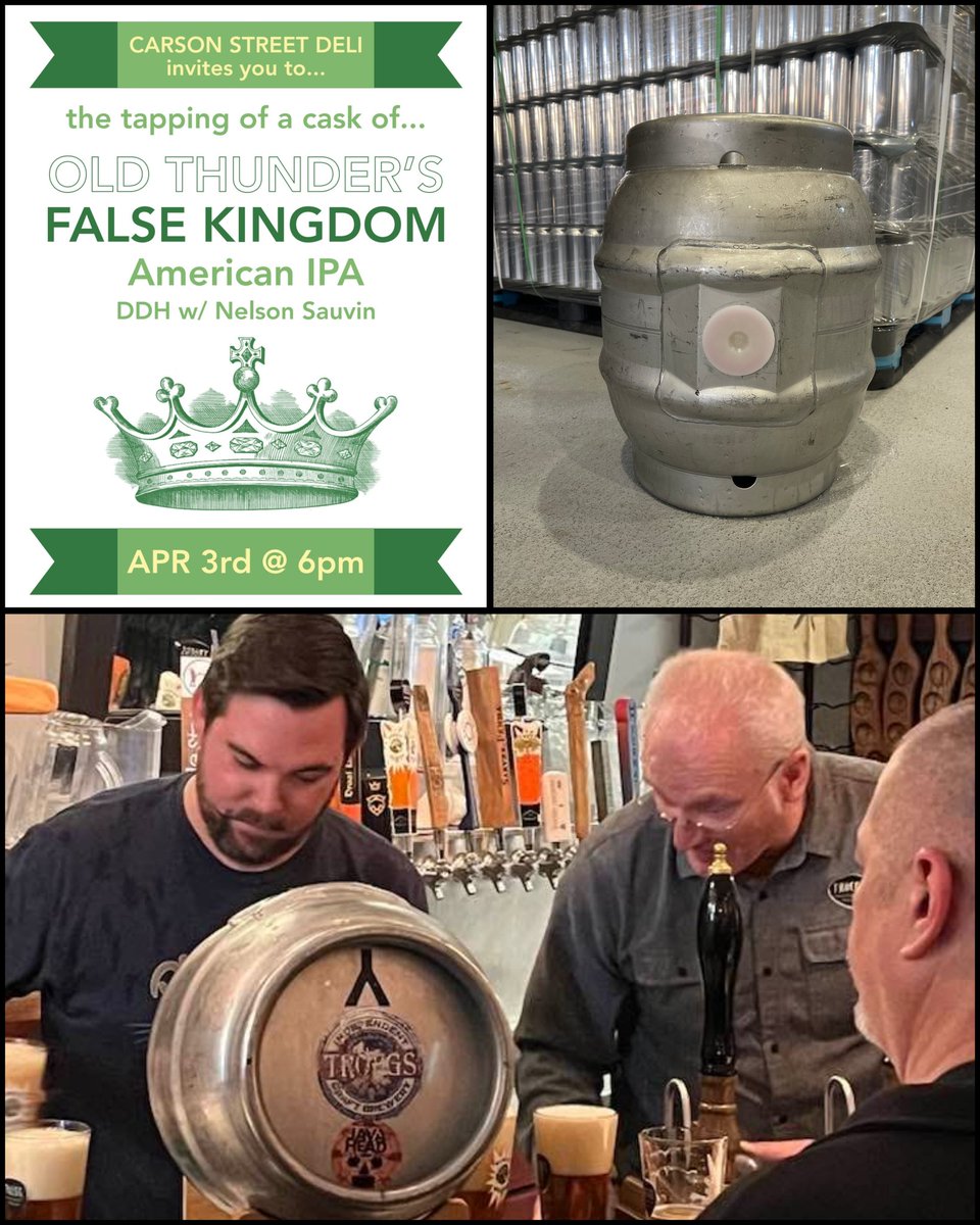 Carson Street Deli (@bestbrewdeli) on Twitter photo Next Thursday, April 3rd, at 6 p.m., we will be tapping what is sure to he a delicious pin (small firkin) of <a href="/OldThunderBrew/">Old Thunder Brewing Co.</a> False Kingdom IPA DDH w/ Nelson Sauvin hops! This beer WILL NOT LAST LONG! So come early to enjoy this one off brew! Next Thursday, April 3rd, at 6 p.m., we will be tapping what is sure to he a delicious pin (small firkin) of <a href="/OldThunderBrew/">Old Thunder Brewing Co.</a> False Kingdom IPA DDH w/ Nelson Sauvin hops! This beer WILL NOT LAST LONG! So come early to enjoy this one off brew!