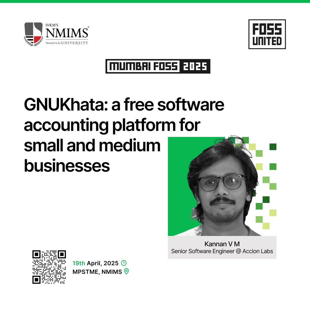 We’re excited to welcome Kannan V M as our 3rd speaker for MumbaiFOSS 2025! 🎉

He’ll be speaking on GNUKhata: a free software accounting platform for small and medium businesses.

📅 19th April, 2025
📍 NMIMS, Mumbai

Register now: fossunited.org/c/mumbai/2025