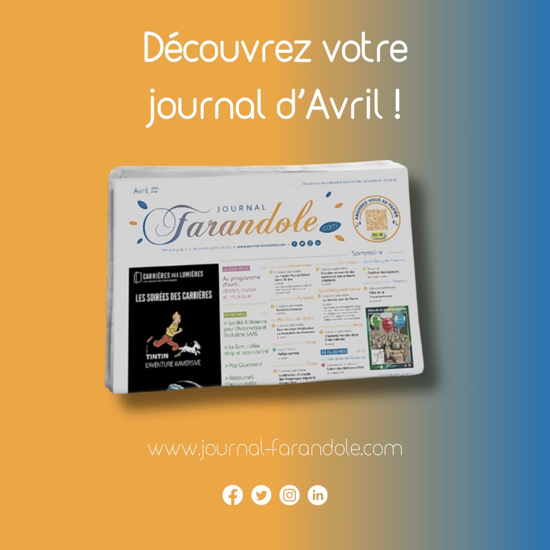 [#VotreJournal🗞️]

En Avril, le Pays d'Arles et la Provence vous accueillent grâce au Journal Farandole !

📖Lisez : urls.fr/kGy20s 
💻Naviguez : swll.to/rFtWg1J
🙏Soutenez : swll.to/BhByN

#Presse #BouchesDuRhône #PaysDArles #Provence #IdéesSortie
