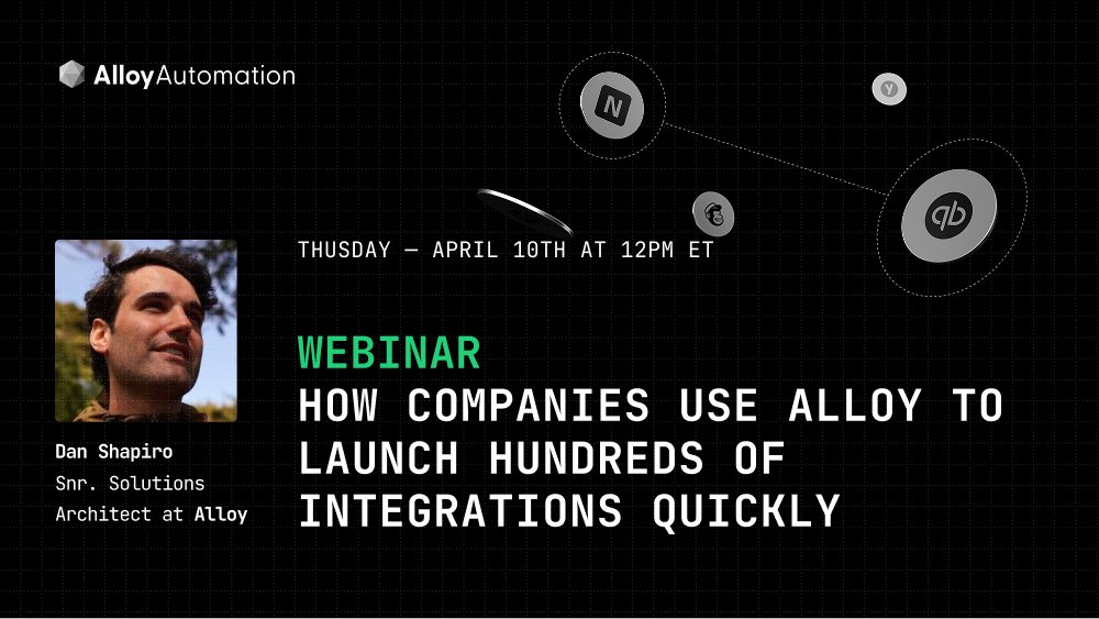 HAALLOOOYY! 💥

Alloy powers internal business automation and embedded IPaaS integrations for global powerhouses like Amazon, Burberry, Best Buy, and more, enabling third-party integrations for millions of customers.

Join our webinar to learn more!👇
hubs.ly/Q03dv_cJ0