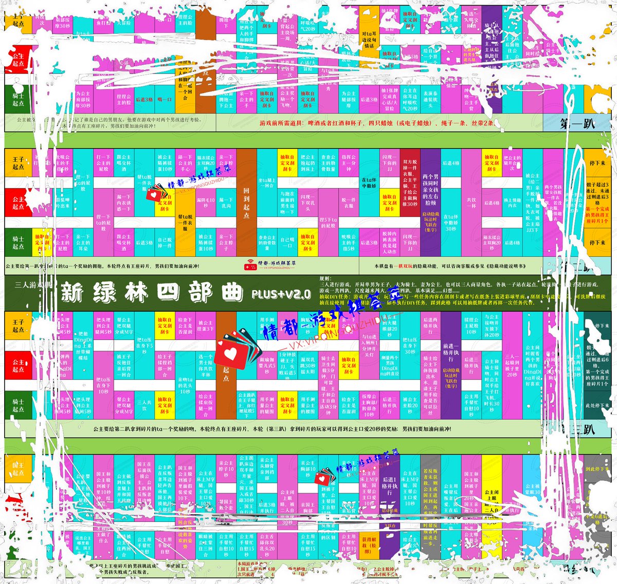 新图一大堆，没时间更。今天做完三个预览。更三张
三人浪 适合破冰三人局和早期尺寸循序渐进，带插入。不绿
三侠奕激情plus+  不绿， 比较飒，不墨迹那种节奏，咔咔就是干。
新绿林四部曲plus+  比老版任务多了很多。还带 DIY任务卡，更爽。
三款，高清图和实物棋 均可下单。
<a href="/qingduyouxi/">qingduyouxi</a>   我小号