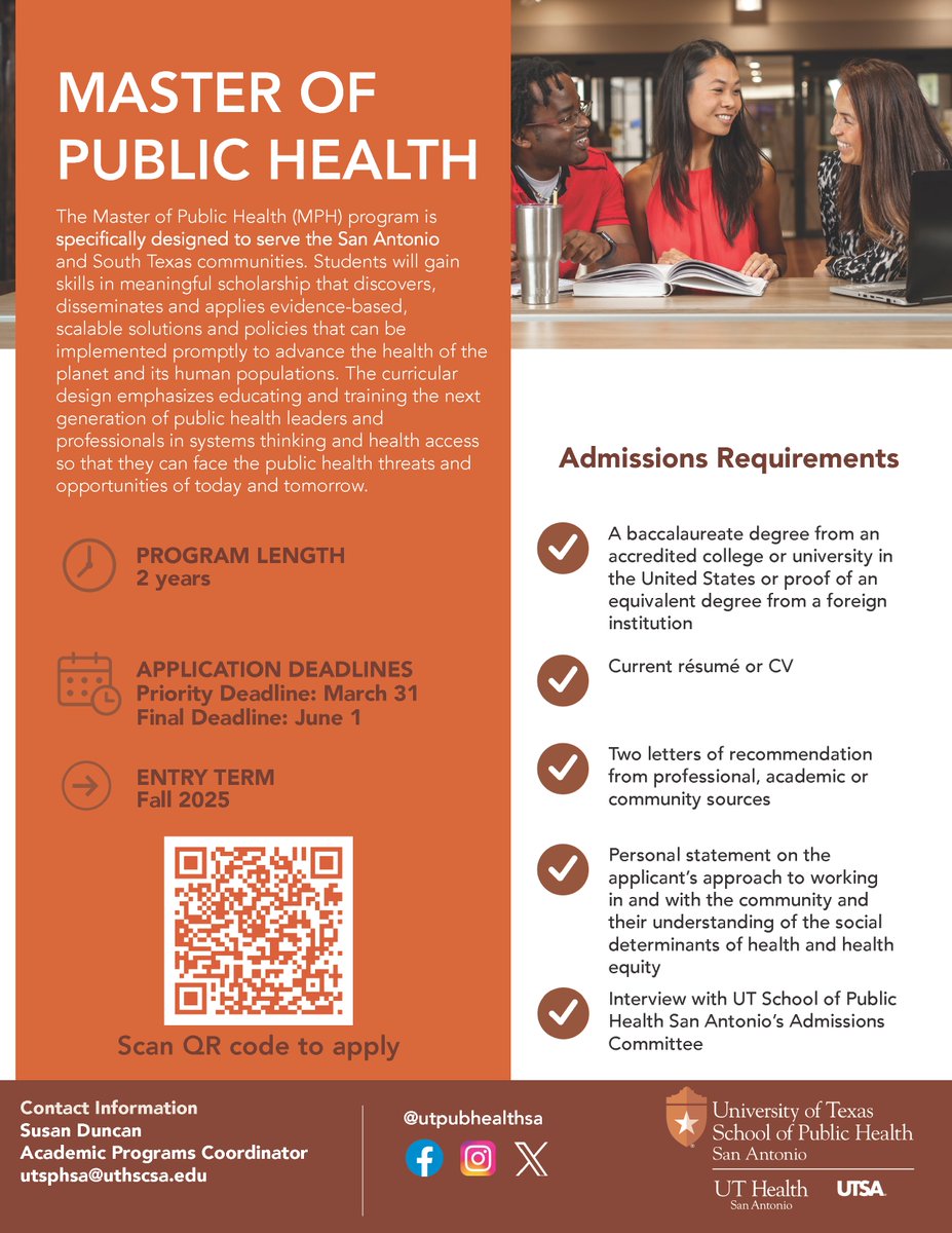 Earn your Master of Public Health at the UT School of Public Health San Antonio! Engage in meaningful scholarship and evidence-based solutions that will advance the health of South Texas. Apply for Fall 2025 at uthscsa.edu/public-health/…