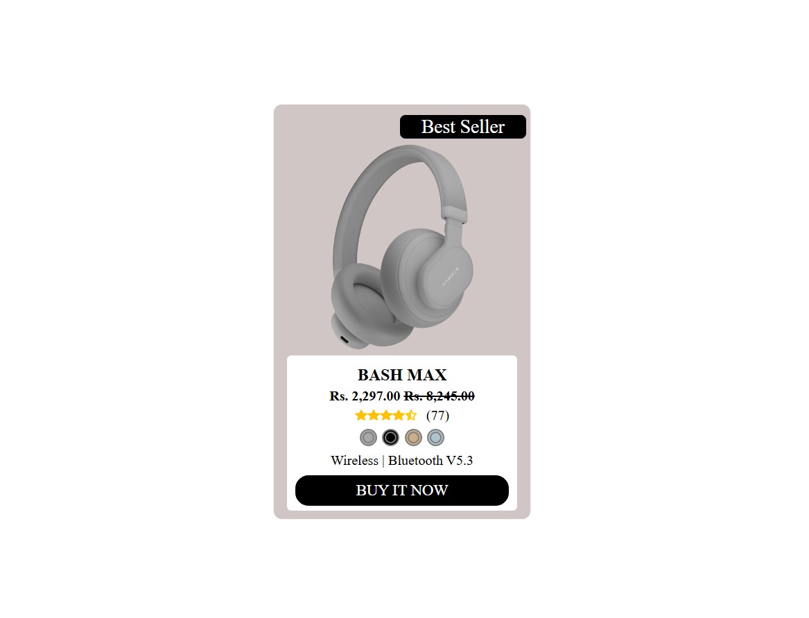 lazyaniket011's tweet image. Built a Product Card UI using HTML & CSS!  
> Best seller tag  
> Product image & price  
> Discounted price with rating  
> Wireless & Bluetooth specs  
> Clean "Buy It Now" button  
Looks good 😊. What do you think?  
#WebDevelopment #Frontend #CSSDesign #100DaysOfCode