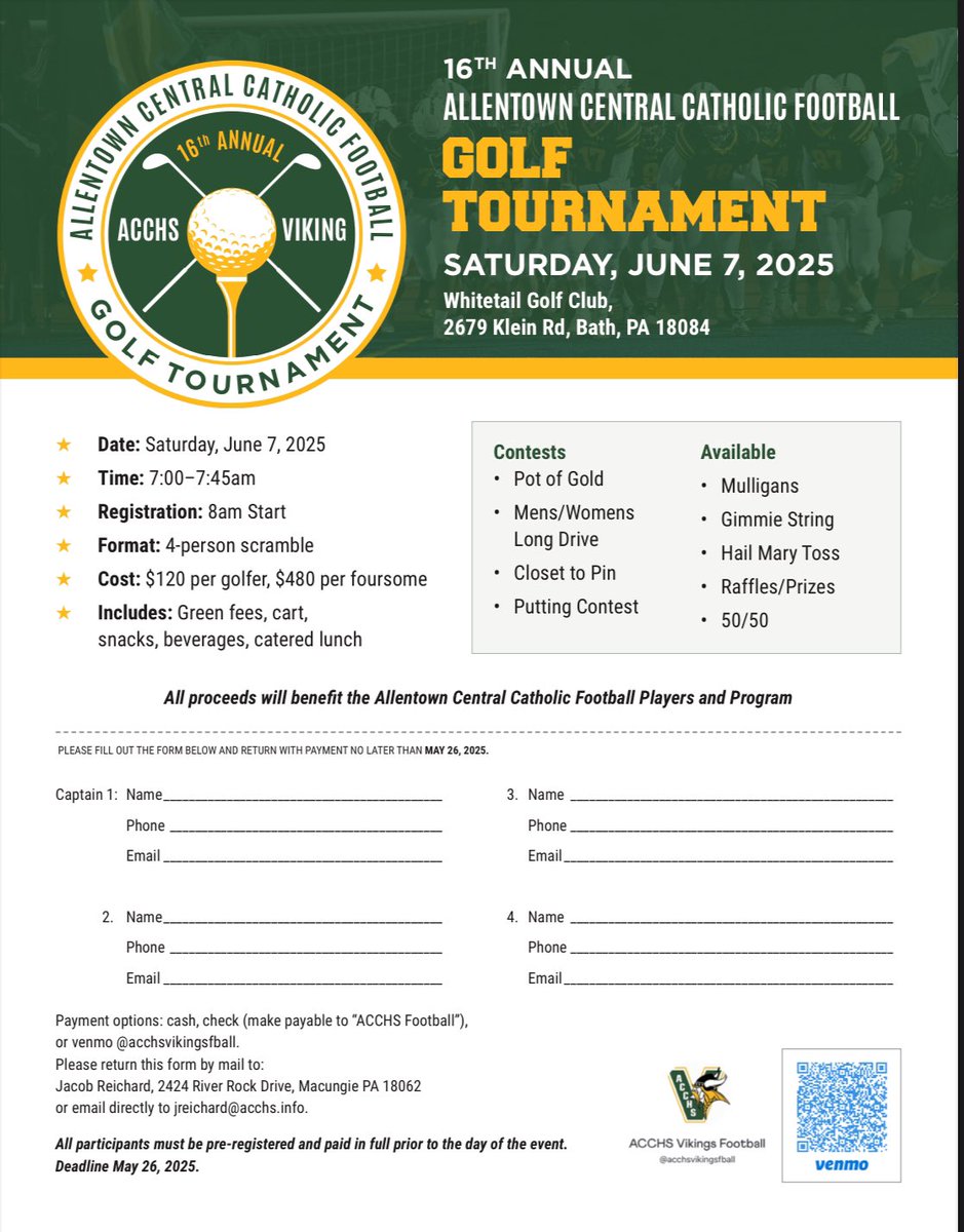 Viking Nation! We are excited to announce our 16th Annual Golf Outing, the largest fundraiser of the year supporting the entire Allentown Central Catholic Football Program! This event is a crucial part of maintaining the tradition and excellence of Viking 🏈! #cchsweare