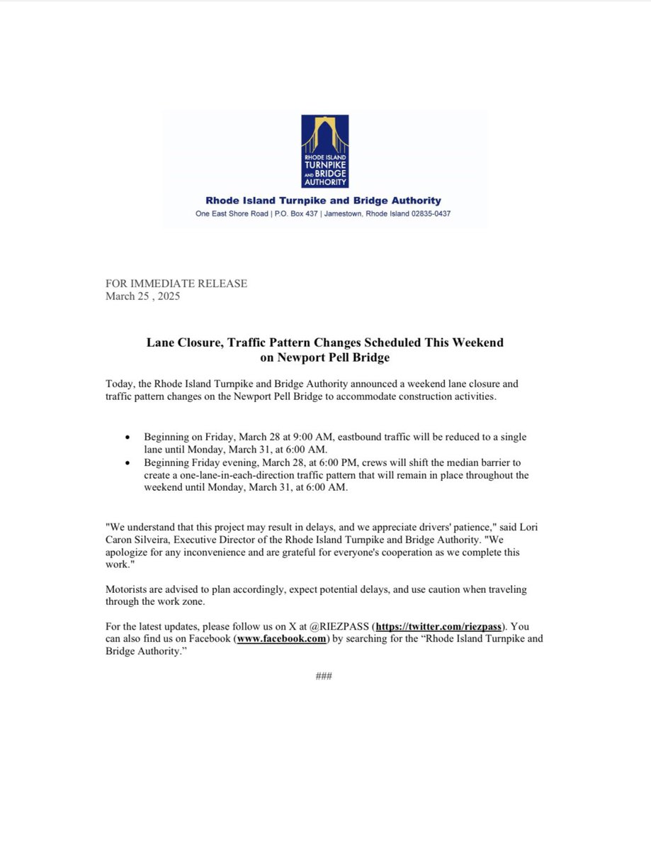 ‼️Traffic Alert‼️- Lane closure and traffic pattern change scheduled this weekend on the Newport Bridge