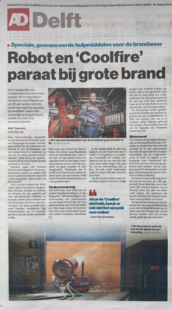gm_hans's tweet image. Ik heb toelichting gegeven over het BAS-team van de kazerne Rijswijk. Het resultaat is een paginagroot artikel in de Delftse editie van het AD. Onder het motto Aansluiten &amp;amp; Samenwerken leveren wij een goede bijdrage aan de bestrijding van grote en complexe branden. #brandweer