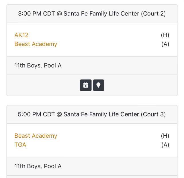 This Saturday, March 29th! 

BEAST ACADEMY

📍 Sante Fe Family Life Center

⌚️ 3:00 | Court 2

⌚️ 5:00 | Court 3