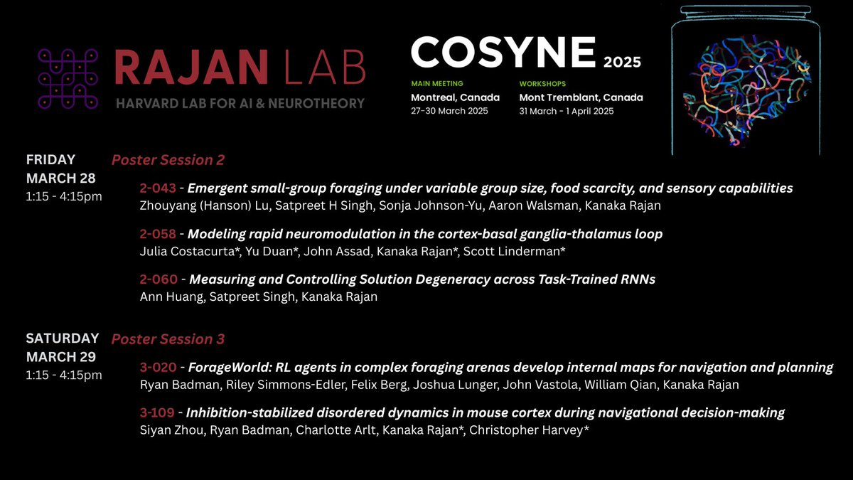 Kanaka Rajan (@kanakarajanphd) on Twitter photo Big showing from the Rajan lab <a href="/CosyneMeeting/">CosyneMeeting</a>! We have posters on everything from multi-agent social foraging to neuromodulated neural networks.
Come find us in Poster Sessions 2 & 3! #COSYNE2025 🧠🤖 Big showing from the Rajan lab <a href="/CosyneMeeting/">CosyneMeeting</a>! We have posters on everything from multi-agent social foraging to neuromodulated neural networks.
Come find us in Poster Sessions 2 & 3! #COSYNE2025 🧠🤖