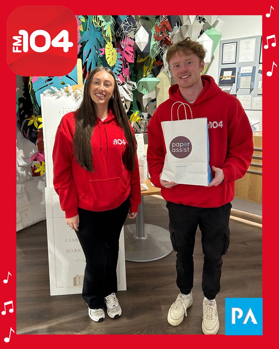 Great to welcome Sophie &amp; André from <a href="/FM104/">FM104</a> <a href="/Q102FeelGood/">Dublin's Q102</a> to our  Paper Studio earlier to collect their order for a promotion.😀

#paperassiststudio #paperassist #ourstudio #papersupplier  #dublinbusiness #irishradio #fm1014 #happycustomer #paperlovers #ourproduct