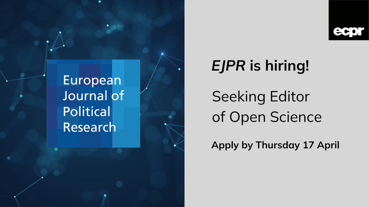 European Consortium for Political Research (@ecpr) on Twitter photo 📖 Champion #OpenScience at our flagship journal!
📘 <a href="/EJPRjournal/">EJPR journal</a> is making open scholarship central to its new agenda, and we need an #Editor with vision & expertise to lead this bold initiative 🚀
✨ Could this be you? 👉 Apply by 17 Apr ecpr.eu/ContentPage.as…
#PolSciJobs 📖 Champion #OpenScience at our flagship journal!
📘 <a href="/EJPRjournal/">EJPR journal</a> is making open scholarship central to its new agenda, and we need an #Editor with vision & expertise to lead this bold initiative 🚀
✨ Could this be you? 👉 Apply by 17 Apr ecpr.eu/ContentPage.as…
#PolSciJobs