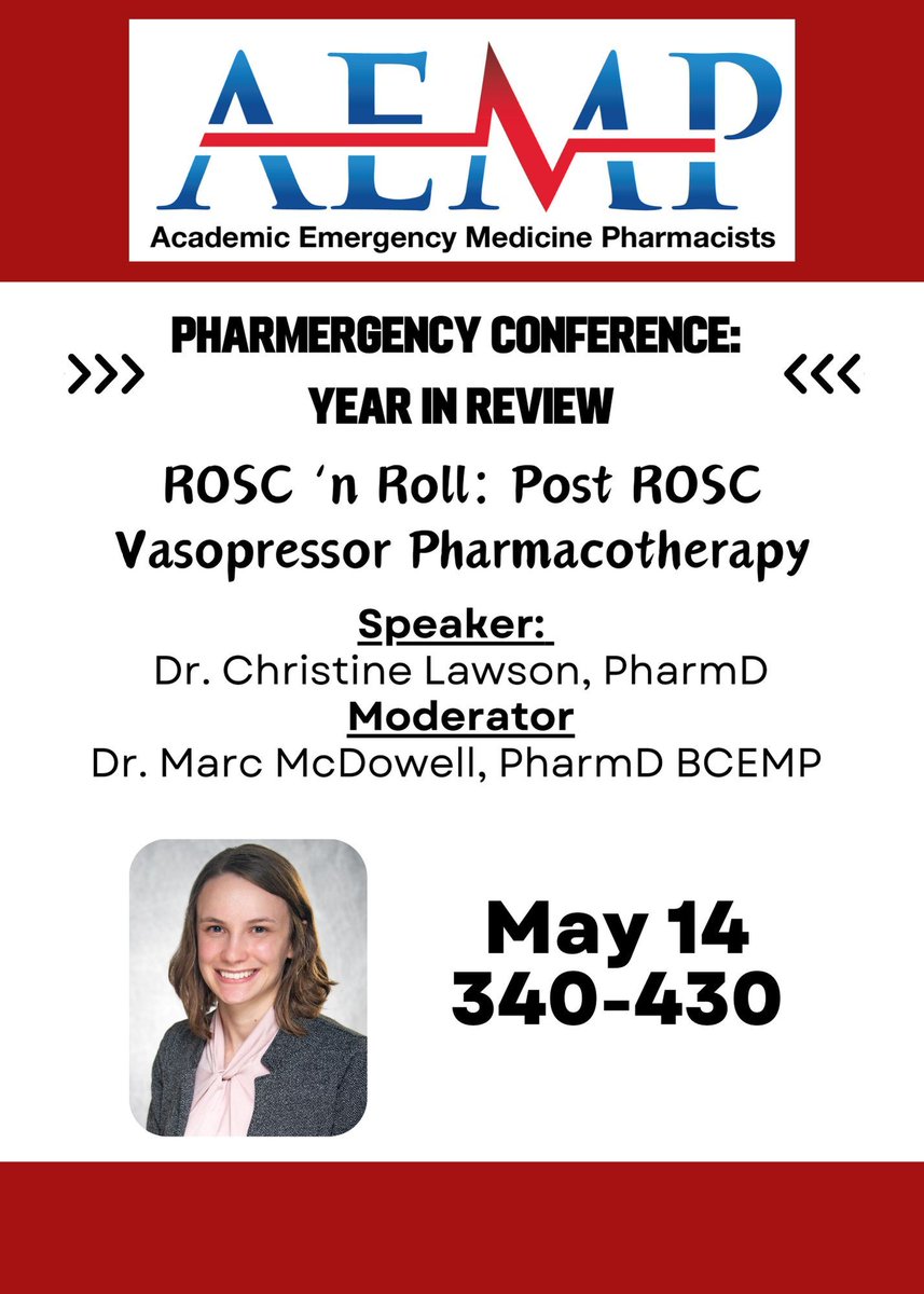 🚨 AEMP25 Content Alert! 
📅  Year in Review!
🚑 ROSC 'n Roll: Post ROSC Vasopressor Pharmacotherapy
📣 Speaker: Dr. Christine Lawson, PharmD
#AEMP25 #AEMPlify #EMRx