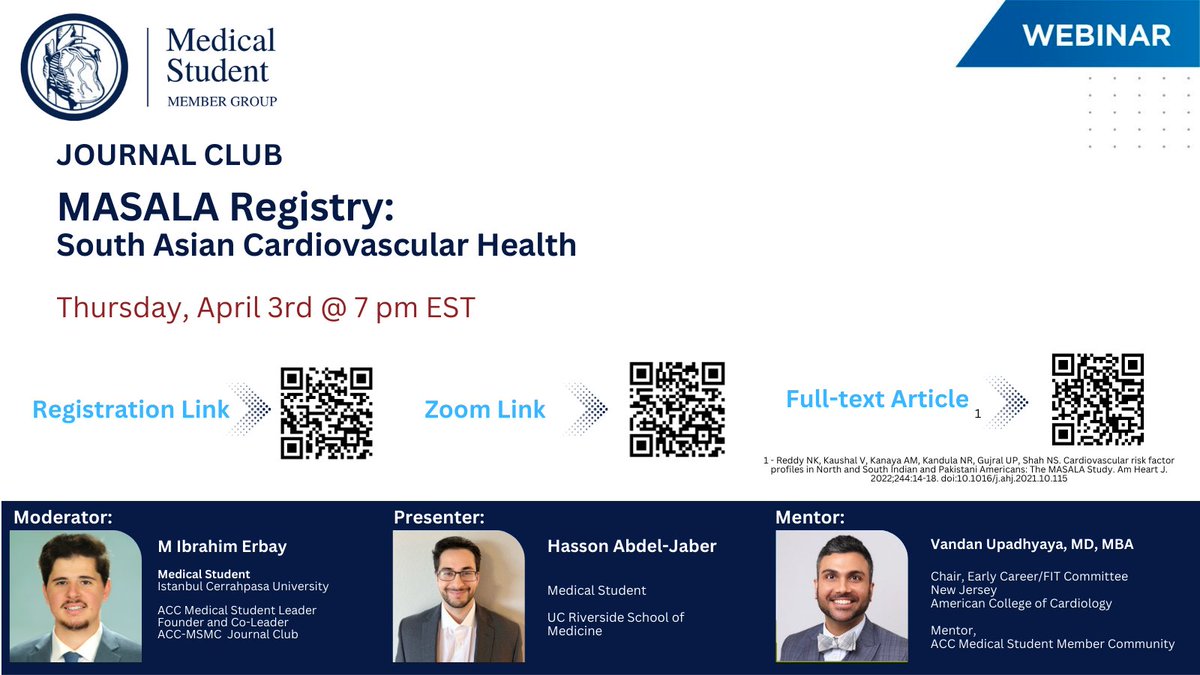 ‼️Attention #ACCMedStudent
While everyone is #ACC25 , don't miss out our ACC Medical Student didactic April Journal Club series, discussing #MASALA registry for a month of learning! Our first session will be highlighting South Asian CV Health next week on Thursday at 7pm EST! 🔍