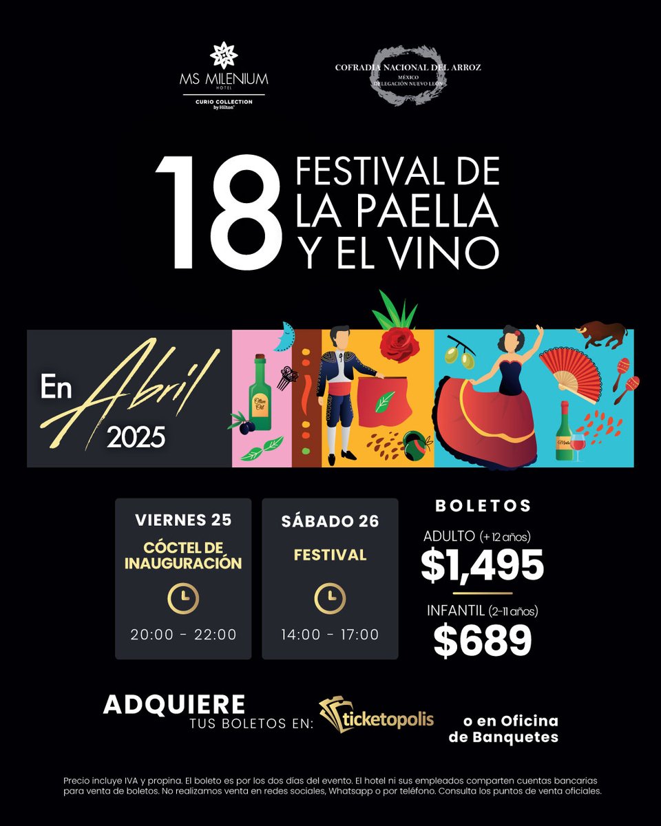 ms_milenium's tweet image. Festival de la Paella y el Vino #18 
¡Regresa nuestro tradicional festival cargado con más sabor y ritmo que nunca!  

Compra tus boletos aquí: tinyurl.com/25wnjz7n 

No realizamos venta por redes sociales, WhatsApp o teléfono. Consulta los puntos de venta oficiales.