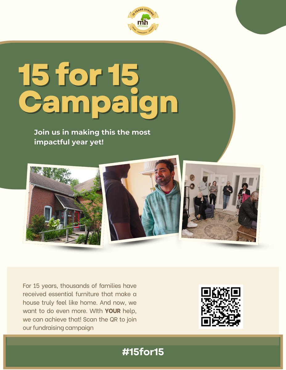 We’re turning 15! 🎉

Help us celebrate by joining our 15 for 15 Campaign to fight furniture poverty + support newcomers in Ottawa.

Sign up early, build your page, and help us get 15 donations in 15 days for 15 years of impact.

#15for15MHO #OttawaGives #FurnishTheFuture