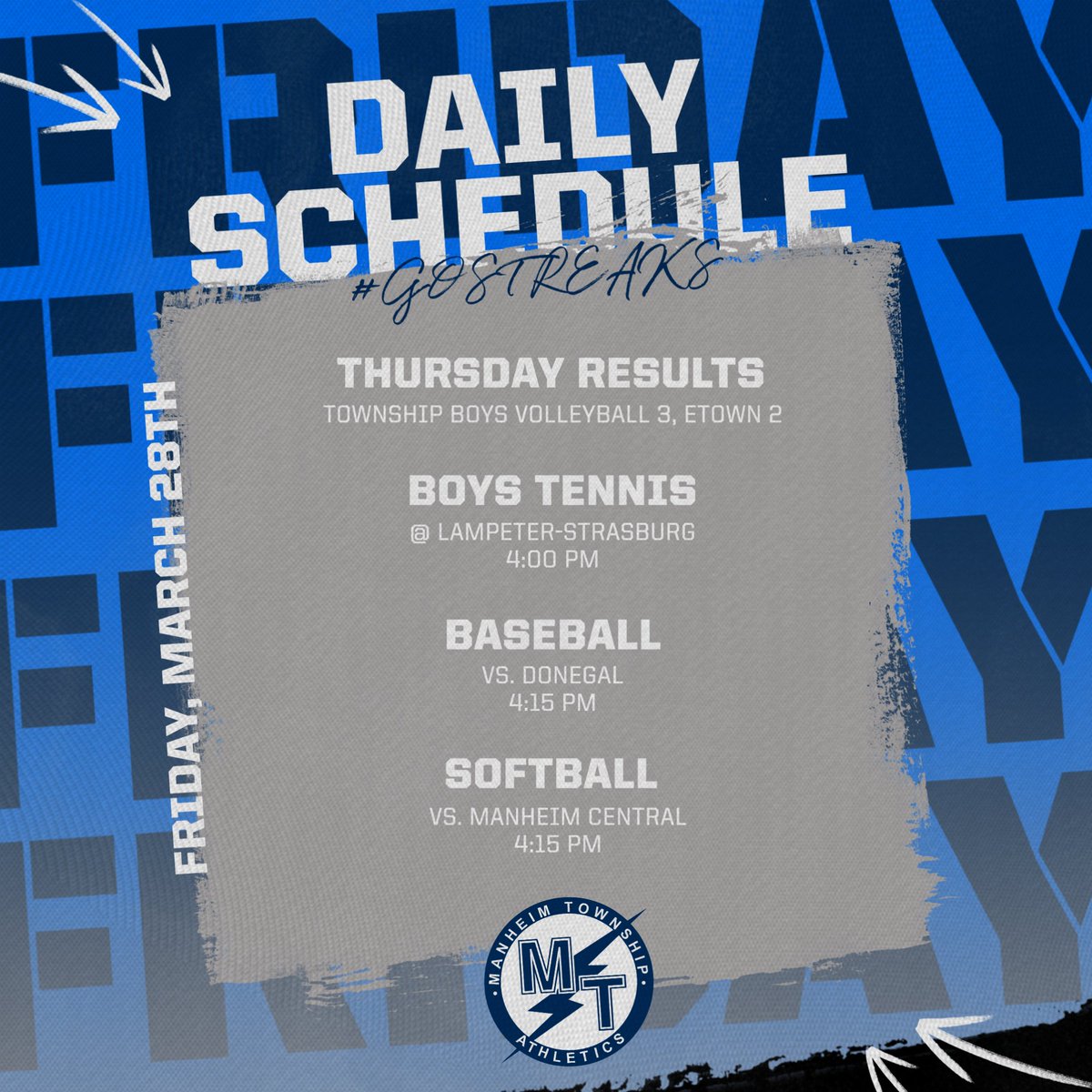 Yesterday Boys Volleyball picked up a five-set win over Elizabethtown!

Today Boys Tennis, Baseball and Softball are all in action!

#GOSTREAKS