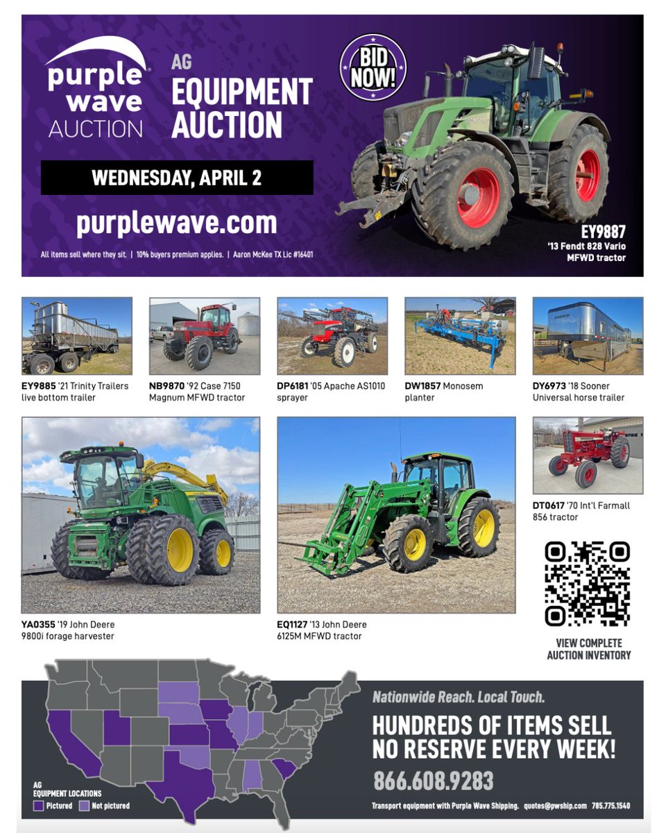 From planting to harvest, the right equipment makes all the difference! On Wednesday, April 2, a strong lineup of ag equipment sells with no reserves. Tractors, sprayers, and more—bid now and get ready for the season ahead!
bit.ly/43V1xyR