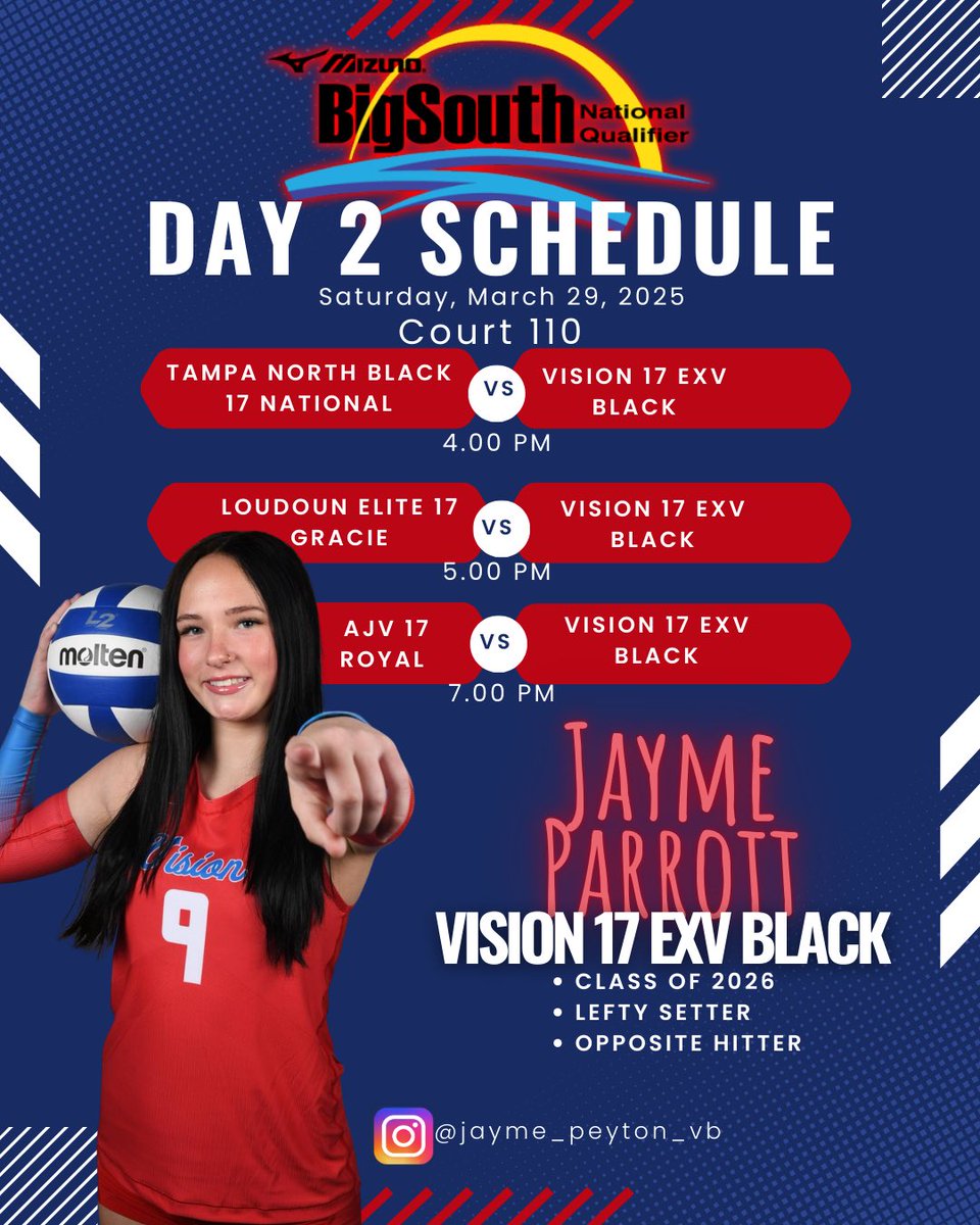 Jayme Peyton Parrott (@peytonjayme2026) on Twitter photo Big South day 2 schedule. Court 110. See you there!! <a href="/VisionVBClub1/">Vision Volleyball Club</a> #WeAreVision #Vision17EXVBlack <a href="/GoMVB/">GoMVB Sports - Recruit Content for College Coaches</a> <a href="/ScoutUrecruit/">ScoutU college recruiting</a> <a href="/Sports_Recruits/">SportsRecruits</a> <a href="/PDTexas/">Prep Dig Texas</a> <a href="/PrepVolleyball/">PrepVolleyball.com</a> Big South day 2 schedule. Court 110. See you there!! <a href="/VisionVBClub1/">Vision Volleyball Club</a> #WeAreVision #Vision17EXVBlack <a href="/GoMVB/">GoMVB Sports - Recruit Content for College Coaches</a> <a href="/ScoutUrecruit/">ScoutU college recruiting</a> <a href="/Sports_Recruits/">SportsRecruits</a> <a href="/PDTexas/">Prep Dig Texas</a> <a href="/PrepVolleyball/">PrepVolleyball.com</a>