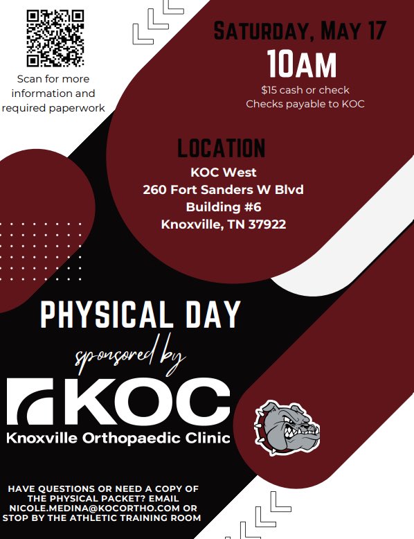 🚨BHS Athletes &amp; Parents!🐶 Save the date for KOC’s annual sports physicals on Saturday, May 17. Scan the QR or visit the link for all relevant details. Please note the paperwork you will need to bring (completed and signed) in order to undergo your exam. kocortho.com/preparticipati…