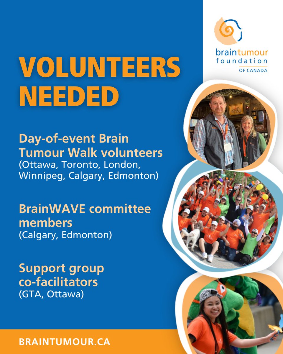 We’re looking for dedicated volunteers across Canada to support events like the Brain Tumour Walk, help plan BrainWAVE family events, or co-facilitate support groups. Your time and skills can make a real impact. 💙 Get involved: BrainTumour.ca/Volunteer