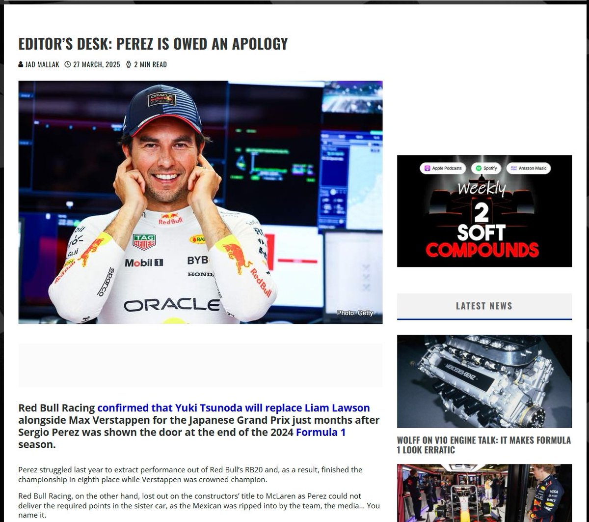 🚨| El portal británico #GrandPrix247 se convirtió en el primero en atreverse a hacer lo impensable: publicar una nota del editor disculpándose con Sergio Pérez. 

Mientras tanto, el resto de la prensa británica sigue mirando para otro lado, como si aquí no hubiera pasado nada.