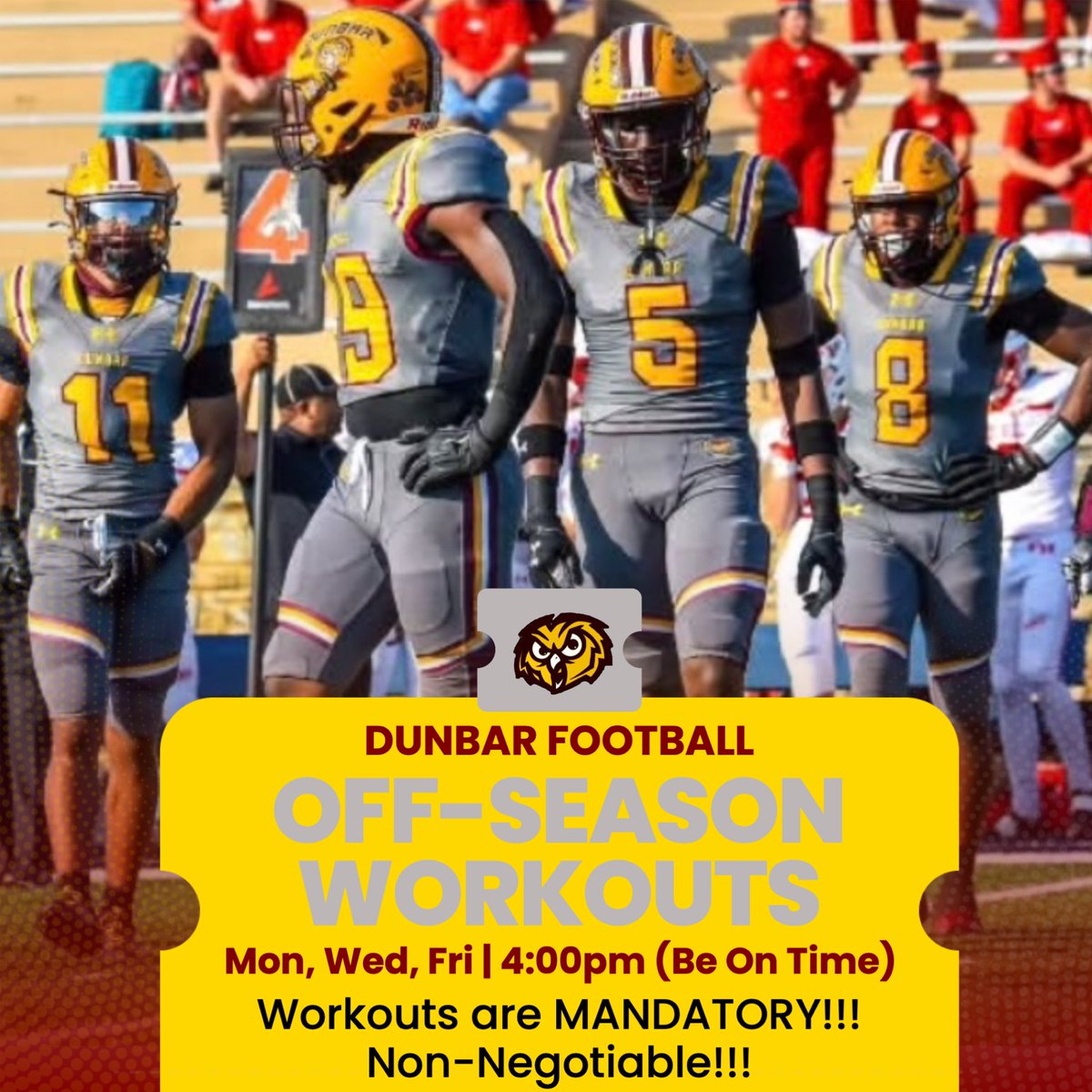 📍: Dunbar HS (Weight Room)
⏰: 4:00 PM | Be On Time!!
👕: Dunbar Colors ONLY

#PPO3🦉 x #ChampionshipCulture🏆