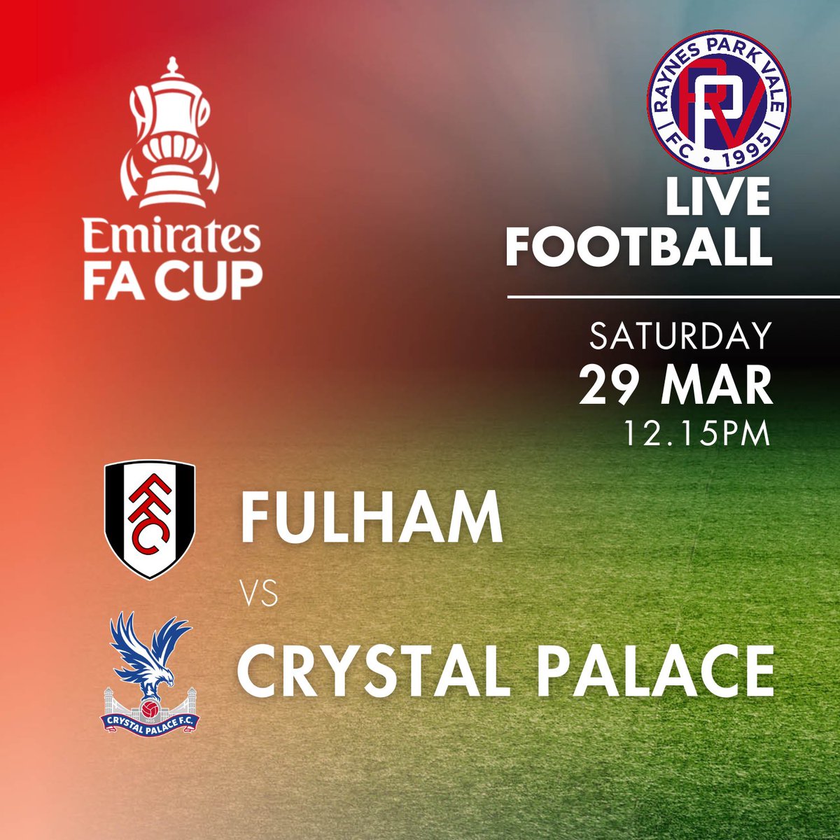 🔵🔴 📺 🏆 
Hey up, we are showing

FULHAM
vs
CRYSTAL PALACE

12:15 ko
FA Cup Quarter Final 

from Craven Cottage 
on the big clubhouse tellys before 
The main event 
Vale vs Uxbridge 3PM ko
🍺 HAPPY HOUR 
<a href="/uxfc_redarmy/">Uxbridge Football Club</a>