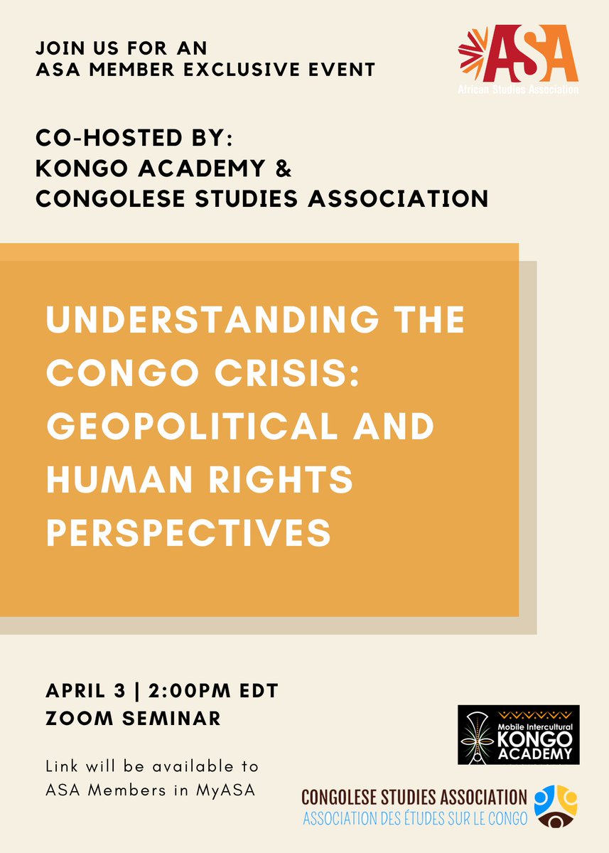 Join us for an ASA Member exclusive event, co-hosted by the Kongo Academy and the Congolese Studies Association. Register in advance in your MyASA dashboard: myasa.africanstudies.org/login
Don't forget to renew your Kongo Academy and Congolese Studies Association memberships in MyASA!