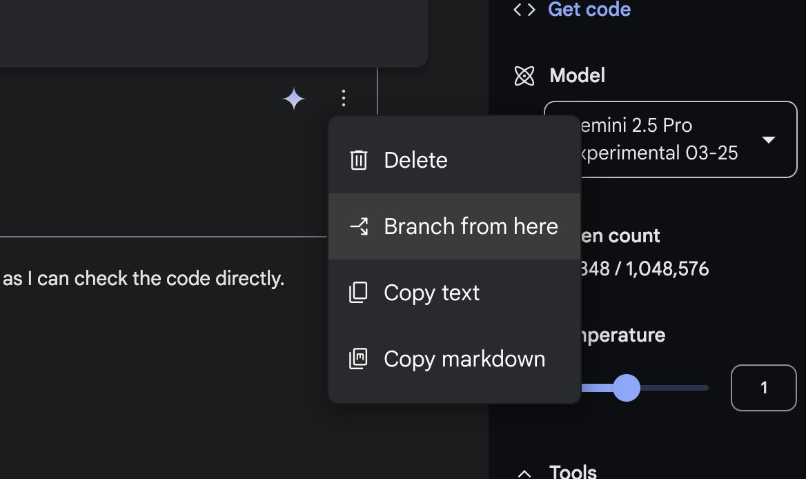 just noticed the "Branch from here" feature in gemini which is super useful for keeping context windows small and for info processing in general. wonder why this isn't more common across other llm ux :/