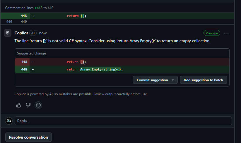 Aaronontheweb's tweet image. CoPilot, your C# knowledge is a year or two behind bro