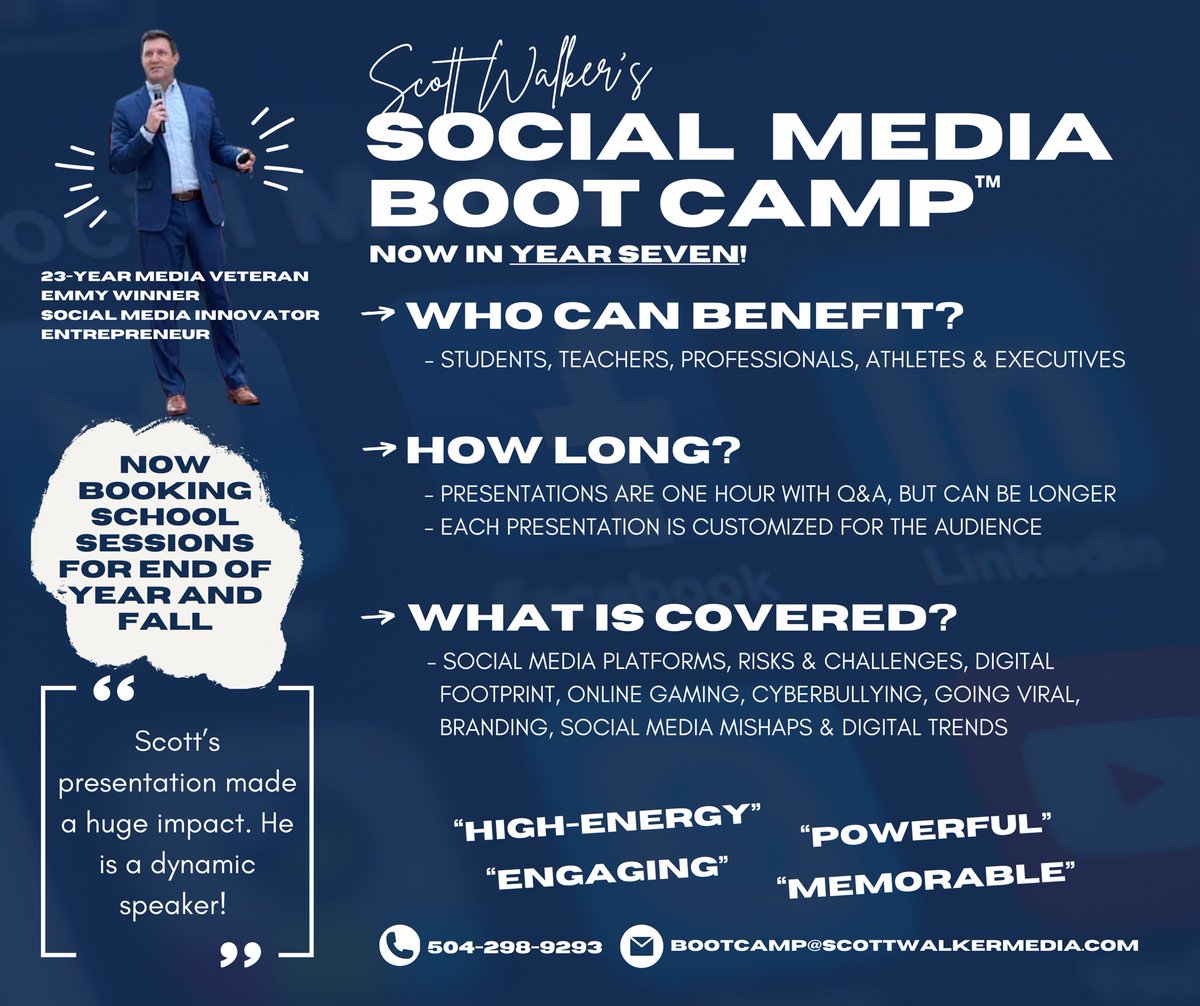 Scott Walker Media (@swmedia504) on Twitter photo Since 2018, Scott Walker has been coaching middle and high school students, faculty and staff, executives, and college and pro sports teams on social media success... and its potential pitfalls.

Tag someone who NEEDS this in their life!
Email bootcamp@scottwalkermedia.com. Since 2018, Scott Walker has been coaching middle and high school students, faculty and staff, executives, and college and pro sports teams on social media success... and its potential pitfalls.

Tag someone who NEEDS this in their life!
Email bootcamp@scottwalkermedia.com.