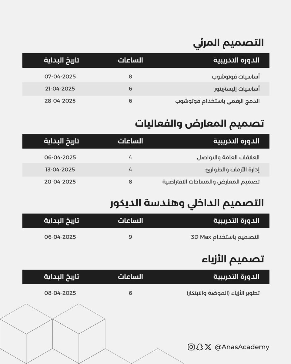 ANASadmission's tweet photo. اكتشف مهاراتك مع أحدث الدورات التدريبية 
وابدأ رحلة التطوير الآن

جدول الدورات التدريبية
لشهر أبريل 2025
#AnasAcademy
لمزيد من التفاصيل أو التسجيل
https://t.co/NOKwOsmk1x https://t.co/8SuFefNQc7