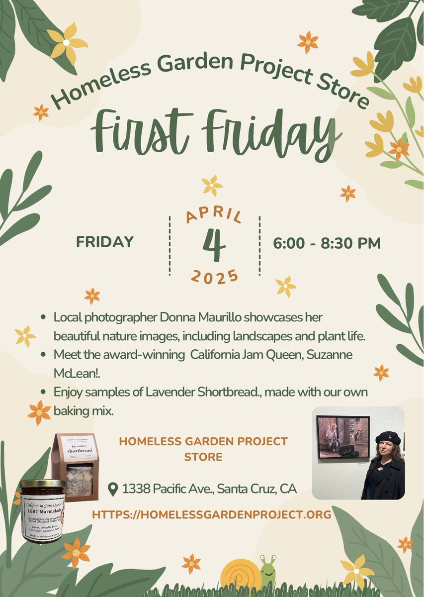 First Friday Event: April 4th, 2025 🌿

Join us at the Homeless Garden Project Store for an evening of art, community, and supporting a great cause! ✨ #FirstFriday #SupportLocal #HomelessGardenProject #ArtForACause