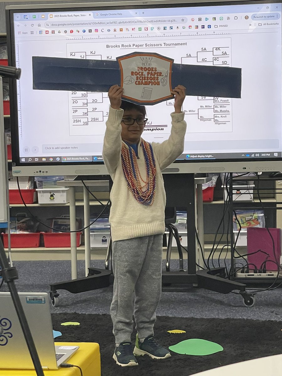 Championship match of ROCK, PAPER, SCISSORS TOURNEY…5th grade teacher Ms. Miller vs. KJ student Raviram…and the winner is…RAVIRAM and the KJ CLASS🎉🎉🎉. So much fun on this last day before spring break!  Enjoy the week off!  See you back on Mon 4/7!  WE ARE…BROOKS TIGERS!