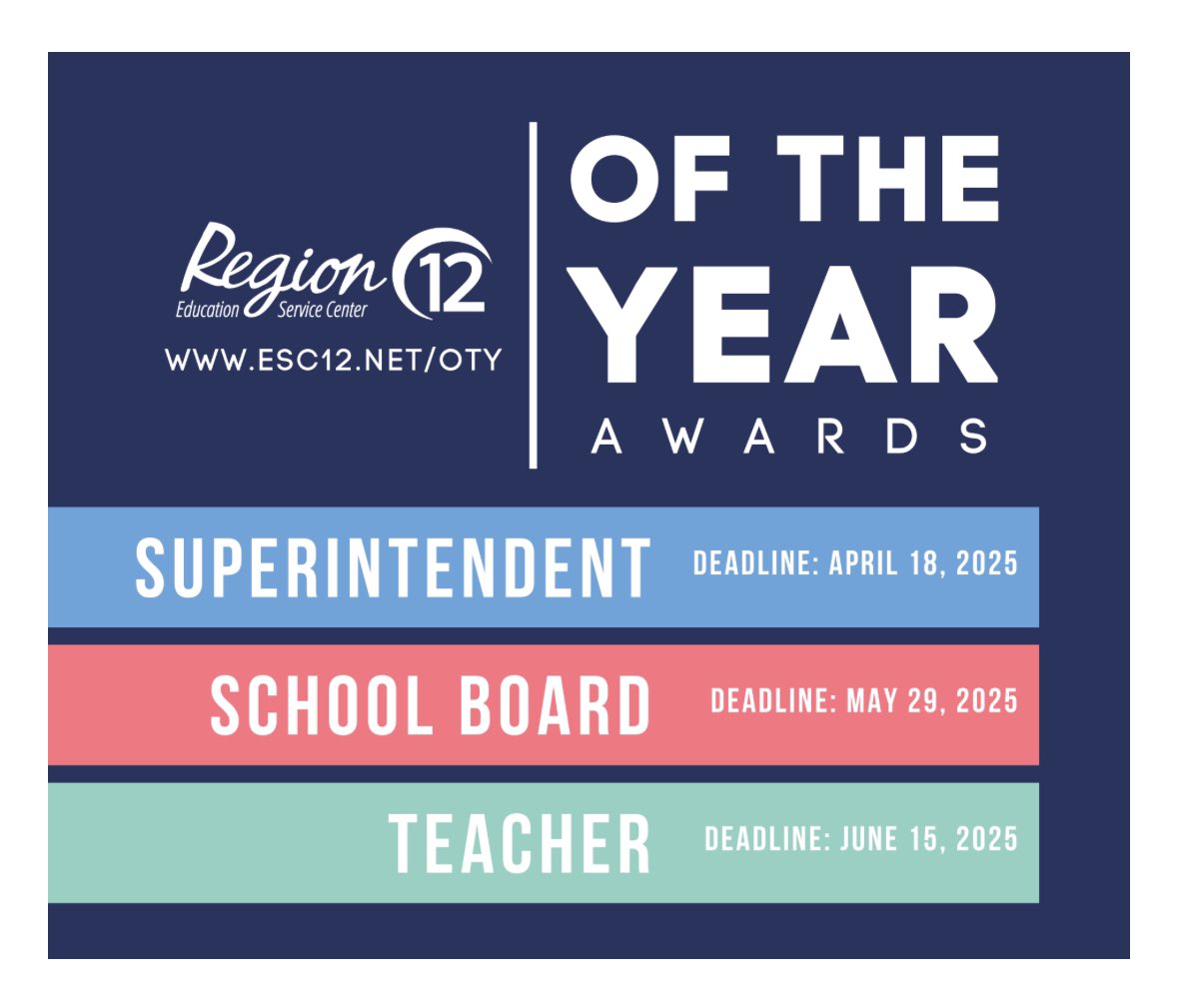 Region 12 Superintendents (@r12supts) on Twitter photo It’s time to begin submitting applications for the “Of The Year” awards! We are excited to receive applications in all 3 categories and encourage our <a href="/Region12/">ESC Region 12</a> LEAs to participate as we honor our Superintendents, School Boards, and Teachers for their excellence! <a href="/Region12Leaders/">ESC 12 Leaders</a> It’s time to begin submitting applications for the “Of The Year” awards! We are excited to receive applications in all 3 categories and encourage our <a href="/Region12/">ESC Region 12</a> LEAs to participate as we honor our Superintendents, School Boards, and Teachers for their excellence! <a href="/Region12Leaders/">ESC 12 Leaders</a>