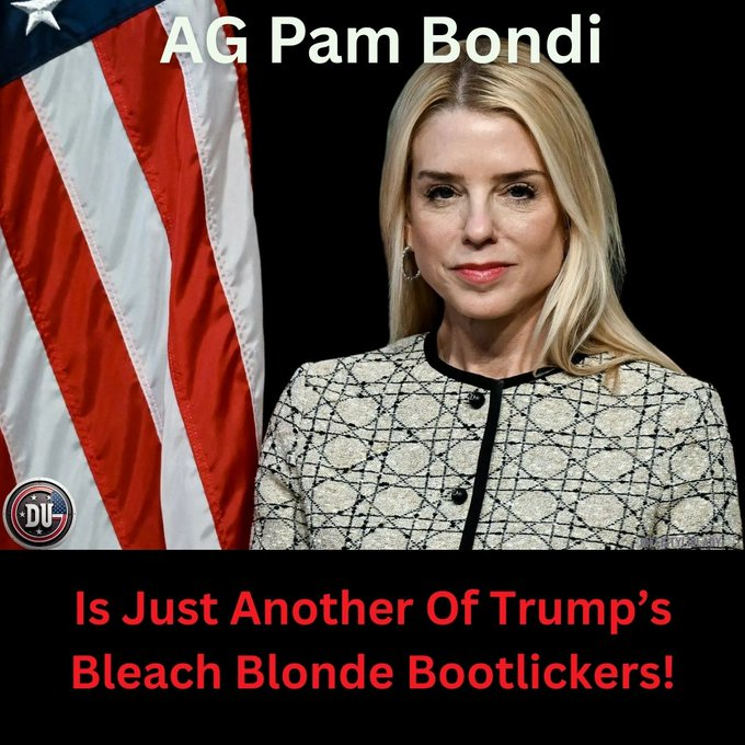 DUnitedGraphics's tweet photo. Pam Bondi lied her way through her confirmation hearing to be America's Attorney General.

She has thrown out her responsibility to the rule of law and caters to every wish of her demented boss, Trump.

Pam is just another of Trump's bootlickers.
#DemsUnited https://t.co/NebrAyHEWs