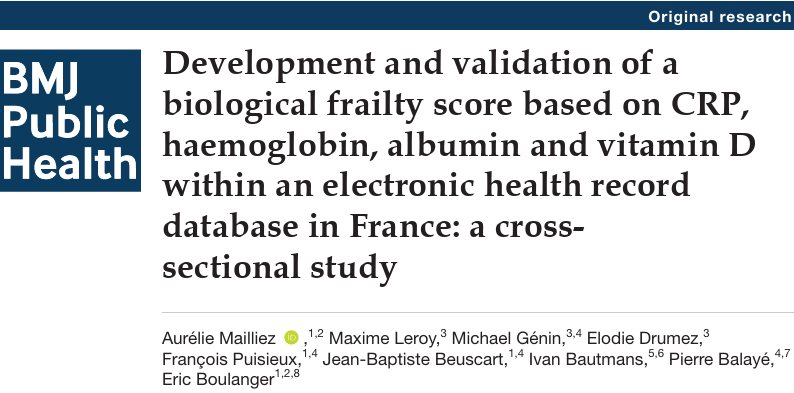 doctorneyro's tweet image. bmjpublichealth.bmj.com/content/bmjph/…

To develop and validate in a #hospitalsetting a #biologicalscore called #bFRAil score based on simple, easily measurable #biomarkers for identifying #frailpatients in #dailymedicalpractice.