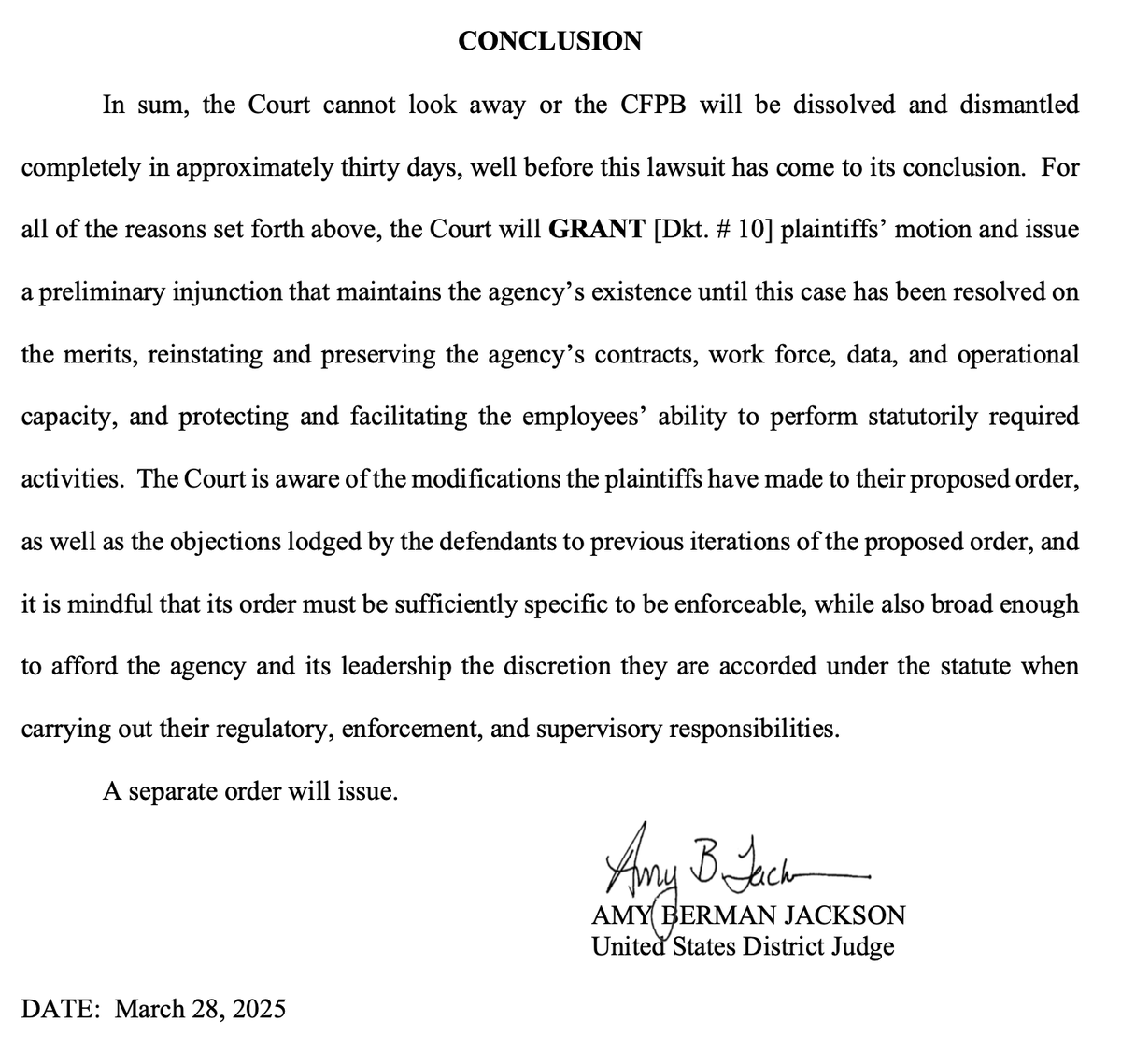 NEW: Federal Judge Amy Berman Jackson HALTS the attempted shutdown of the CFPB, finding Acting Director Vought's stop-work order and dismantling efforts likely violate law, risking irreparable harm to consumers.

The judge says the Trump administration must reinstate and preserve