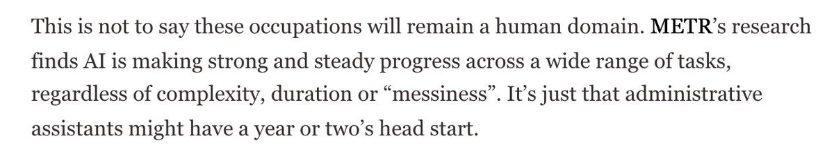 Very cool to see METR’s work in the Financial Times.

AIs have different capability profiles to humans, so we might be surprised by the order in which different tasks are automated. Great piece by <a href="/jburnmurdoch/">John Burn-Murdoch</a>.