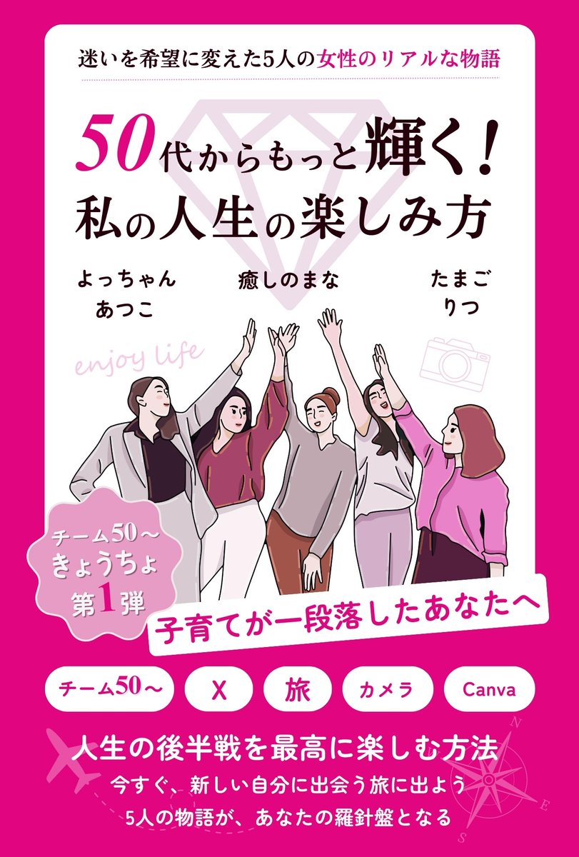 📣本日発売！📣

「チーム50～」
きょうちょ(共著)企画第１期

「50代からもっと輝く！
私の人生の楽しみ方」

いよいよ発売です！

無料キャンペーンは
３月29,30,31日の３日間！

5人の女性が同世代女性に
エールを送ります。
リアルなストーリーは
全世代の男女にもきっと届くはず！