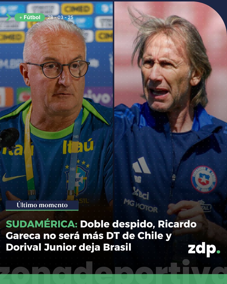 ZonaDepOk_'s tweet image. ¡NO VAN MÁS!

Hay doble despido en las selecciones sudamericanas.

Ricardo Gareca no será más Director Técnico de Chile, mientras que, Dorival Junior deja Brasil tras la dura derrota ante Argentina.