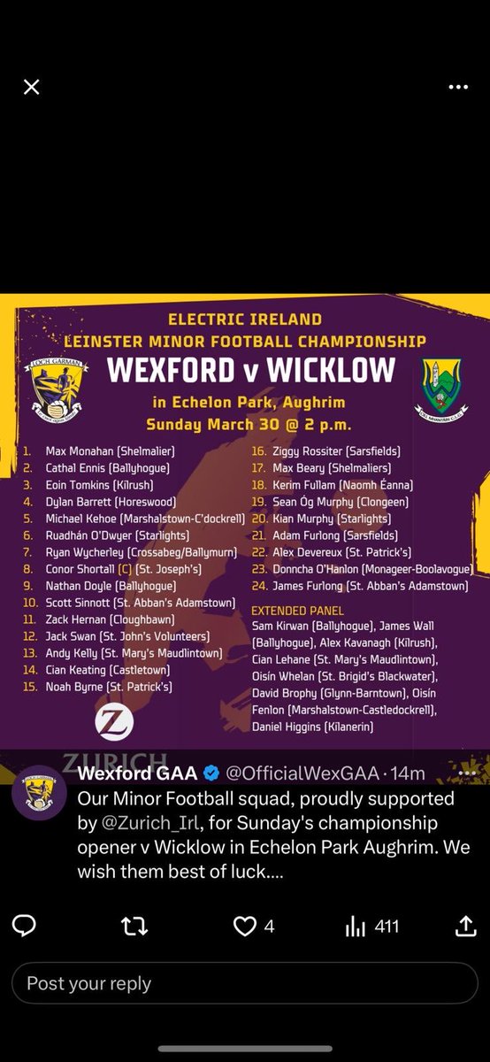 puredeisebla's tweet image. Proud Dad moment Dylan starting with Wexford minors Sunday against Wicklow #hardworkneverstops ⁦@HoreswoodGAA⁩
