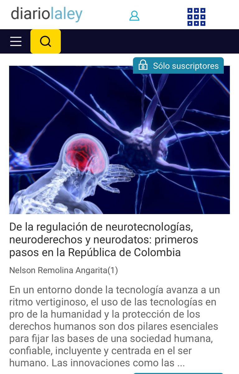 Los/as a invito a leer mi artículo : “De la regulación de neurotecnologías, neuroderechos y neurodatos: primeros pasos en la República de Colombia”, publicado en el n.º 23 de la Revista de Derecho Digital e Innovación. En: 
diariolaley.laleynext.es/content/Inicio… <a href="/UniandesDerecho/">UniandesDerecho</a>