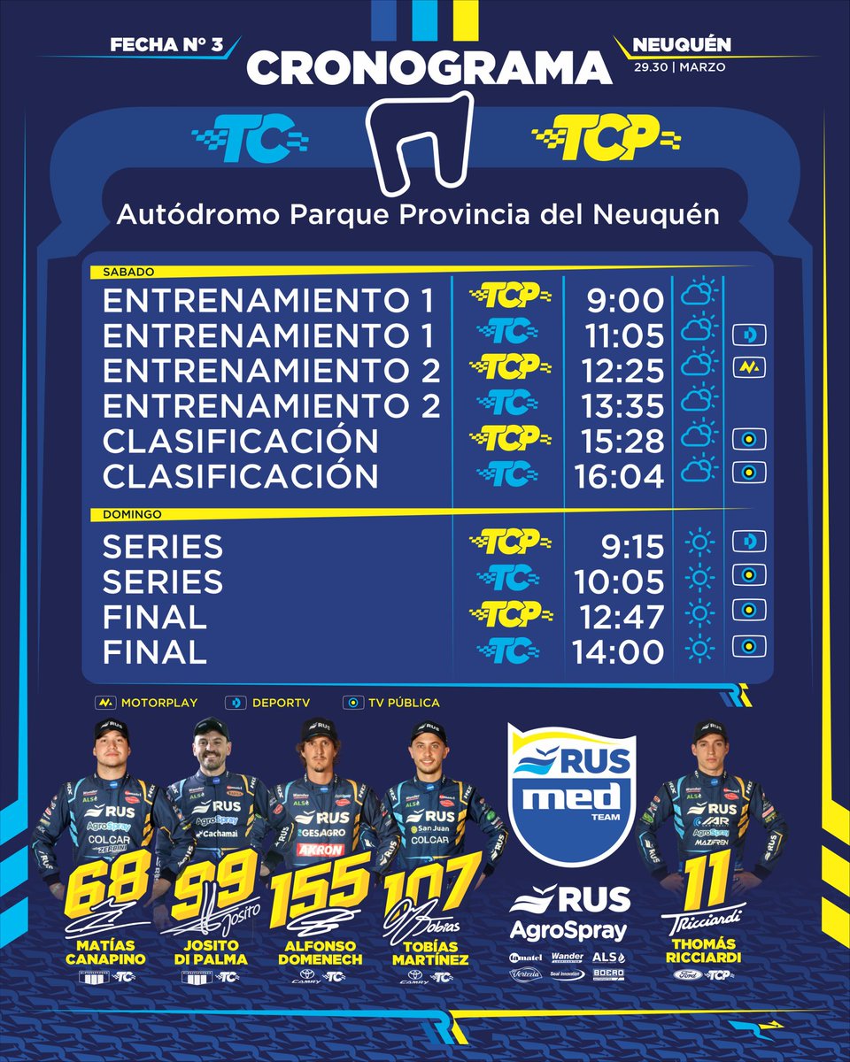 Rus Med Team (@rusmedteam) on Twitter photo โฑ๏ธ CRONOGRAMA
#TCenNeuquen
โ๏ธ <a href="/matiascanapino/">Matias Canapino</a>
โ๏ธ <a href="/jositoooooo/">Josito Di Palma</a>
โ๏ธ <a href="/alfon_domenech/">Alfonso Domenech</a>
โ๏ธ <a href="/tobiasmartiinez/">Tobias Martinez</a>
โ๏ธ <a href="/tomyricciardi/">Tomy Ricciardi</a>
๐ท <a href="/consultoramed/">Consultora Med</a>
<a href="/mauromedina74/">Mauro Medina</a>
@cruzzettiracing
<a href="/carlos_serpero/">Carlos Serpero</a>
๐ #MasQueUnEquipo
<a href="/ruseguros/">ruseguros</a>
<a href="/RUSDeportes/">RUS Deportes</a>
<a href="/AgroSprayAR/">AgroSpray</a>
<a href="/WanderLub/">Wander Lubricantes</a>
<a href="/Exintrader/">Exintrader SA</a> โฑ๏ธ CRONOGRAMA
#TCenNeuquen
โ๏ธ <a href="/matiascanapino/">Matias Canapino</a>
โ๏ธ <a href="/jositoooooo/">Josito Di Palma</a>
โ๏ธ <a href="/alfon_domenech/">Alfonso Domenech</a>
โ๏ธ <a href="/tobiasmartiinez/">Tobias Martinez</a>
โ๏ธ <a href="/tomyricciardi/">Tomy Ricciardi</a>
๐ท <a href="/consultoramed/">Consultora Med</a>
<a href="/mauromedina74/">Mauro Medina</a>
@cruzzettiracing
<a href="/carlos_serpero/">Carlos Serpero</a>
๐ #MasQueUnEquipo
<a href="/ruseguros/">ruseguros</a>
<a href="/RUSDeportes/">RUS Deportes</a>
<a href="/AgroSprayAR/">AgroSpray</a>
<a href="/WanderLub/">Wander Lubricantes</a>
<a href="/Exintrader/">Exintrader SA</a>