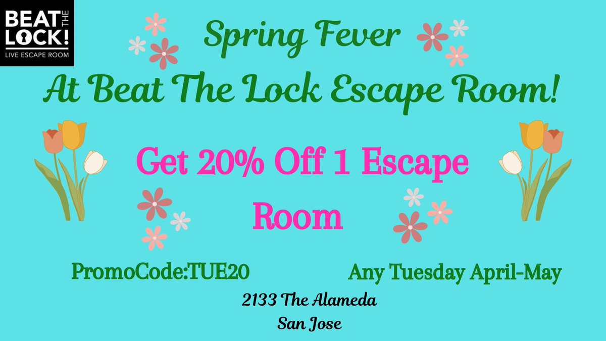 BeatTheLock's tweet photo. Beat The Lock Escape Room in #SanJose has 20% Off 1 Escape Room any Tuesday April-May 2025! Use Promo Code: TU20 Book Now! https://t.co/a9Scbx95PC #familyfun #kidsbirthday #teambuilding #SiliconValley https://t.co/u5cm1rN6qu