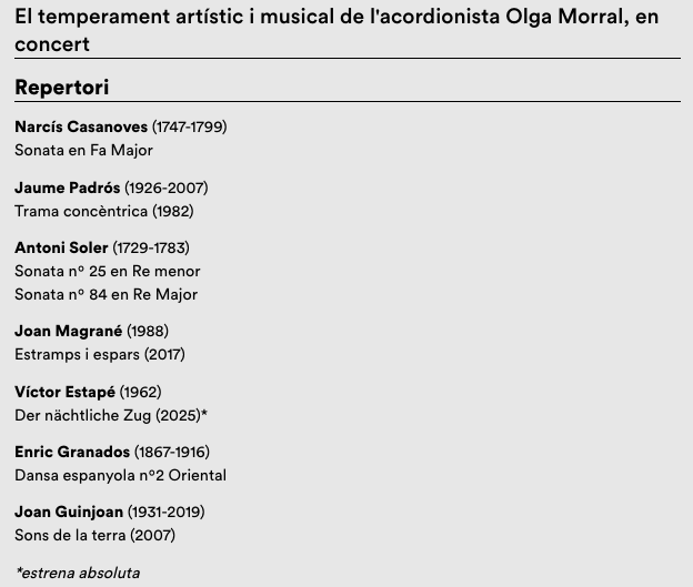 teatreauditoridegranollers.cat/ca/programacio…

Amb molta il·lusió per l'estrena avui a <a href="/TAGranollers/">Teatre Auditori de Granollers</a> de la meva primera obra per acordió: "Der nächtliche Zug", molt ben acompanyada en un programa de música catalana a càrrec d'aquesta excel·lent intèrpret i gran persona que és <a href="/OlgaMorral/">Olga Morral</a>