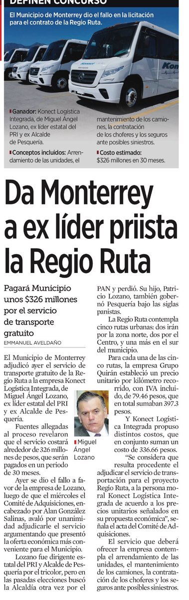 aveldanovision's tweet photo. El Municipio de Monterrey, encabezado por el priista Adrián de la Garza, otorgó un contrato a la empresa Konect Logística Integrada, de Miguel Ángel Lozano, ex líder estatal del PRI y ex Alcalde de Pesquería, para ofrecer el servicio de transporte gratuito del programa Regio Ruta https://t.co/euObDyLpRN